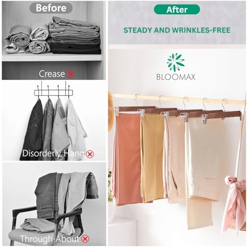 BLOOMAX® Wooden Clip Hangers for Pants, Skirts & Trousers | Non-Slip Bar, 360° Hook, Slim & Durable Design | Walnut Finish, 6 Pcs - Image 3