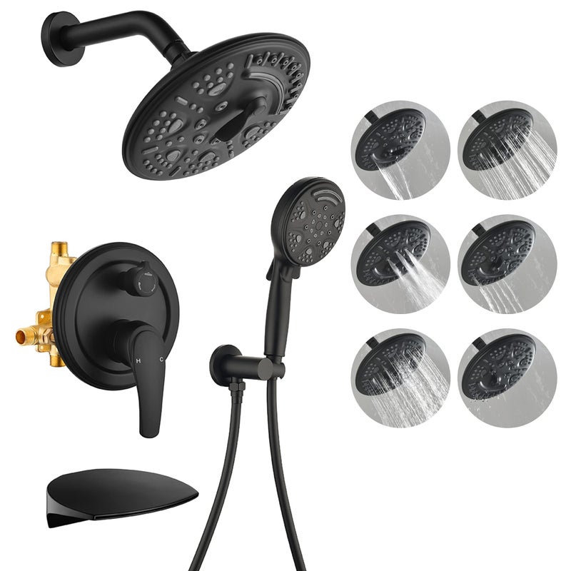SHAMANDA Luxury Tub Shower Faucet Set with Roundin Valve Wall Mounted Shower System with Waterfall Tub Spout and 6Setting Rain Shower Head with 9Setting Handheld Matte Black L80837 - Image 2