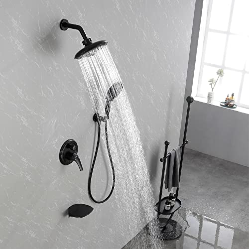 SHAMANDA Luxury Tub Shower Faucet Set with Roundin Valve Wall Mounted Shower System with Waterfall Tub Spout and 6Setting Rain Shower Head with 9Setting Handheld Matte Black L80837 - Image 3