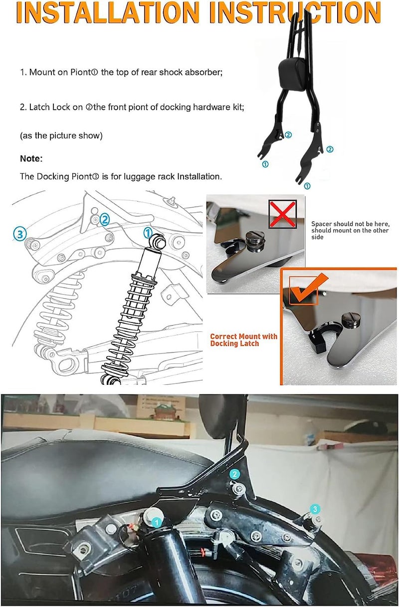 Fjpacemt 30" Tall Detachable Black Sissy Bar Passenger Backrest Rear Pad for Harley Davidson Touring Models 2009-2025 Street Glide Road Glide Electra Glide Road King CVO Ultra - Image 5