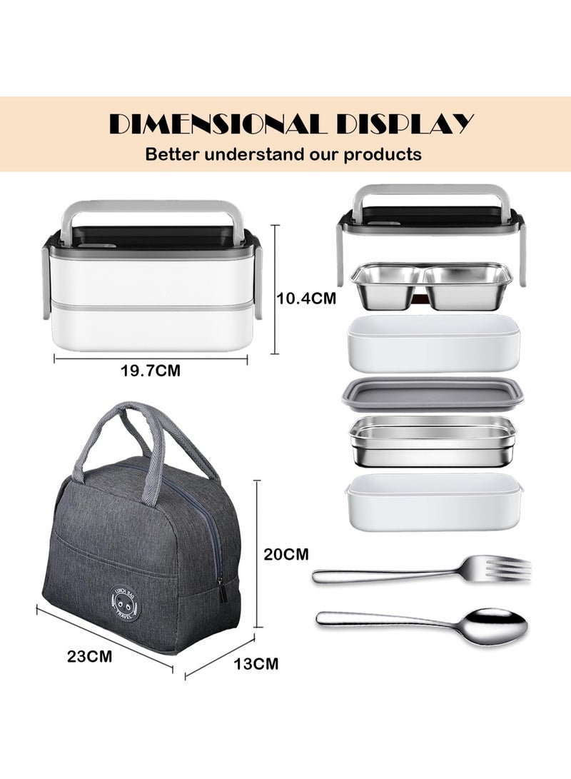TOMSHOO 2- Layer Leakproof Bento Box adult, Insulated Bento Lunch Box with Tableware & Bag Lunch Box with 3 compartments, Lunch Box for Kids School, Microwave Food Safe Bento Boxes (White)  - Image 2