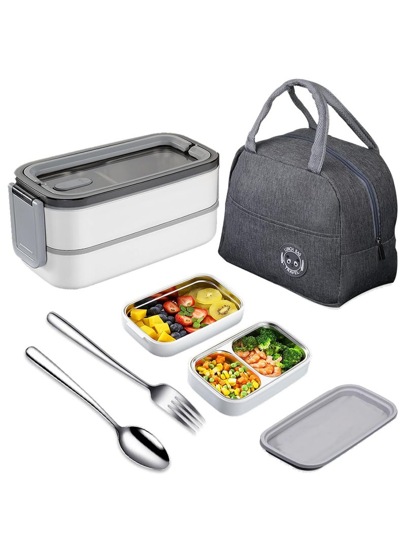 TOMSHOO 2- Layer Leakproof Bento Box adult, Insulated Bento Lunch Box with Tableware & Bag Lunch Box with 3 compartments, Lunch Box for Kids School, Microwave Food Safe Bento Boxes (White)  - Image 1