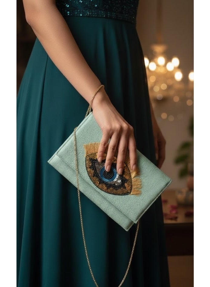 zoba Elegant women's wallet bag with a gold chain - can be worn crossbody or clutch - distinctive and luxurious eye design for outings and occasions (Mint Green) - Image 3