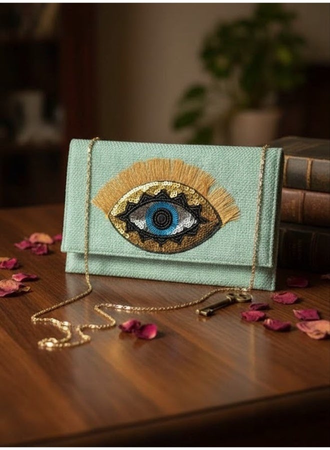 zoba Elegant women's wallet bag with a gold chain - can be worn crossbody or clutch - distinctive and luxurious eye design for outings and occasions (Mint Green) - Image 1