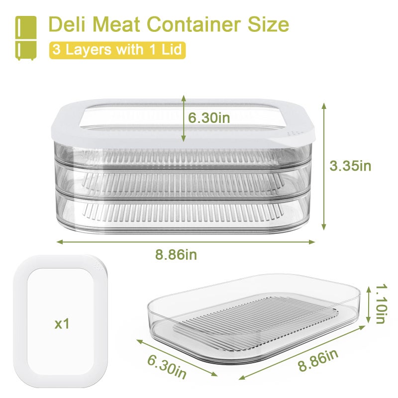 Cecnamt Stackable Deli Meat Container with Drainage Groove and Silicone Lid, Clear Refrigerator Storage Containers for Lunch Meats, Cold Cuts, Bacon, Cheese, BPA Free - 3 Layer - Image 3