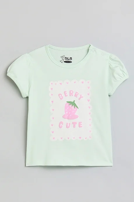 أر أند بي Printed Top with Crew Neck and Puff Sleeves
