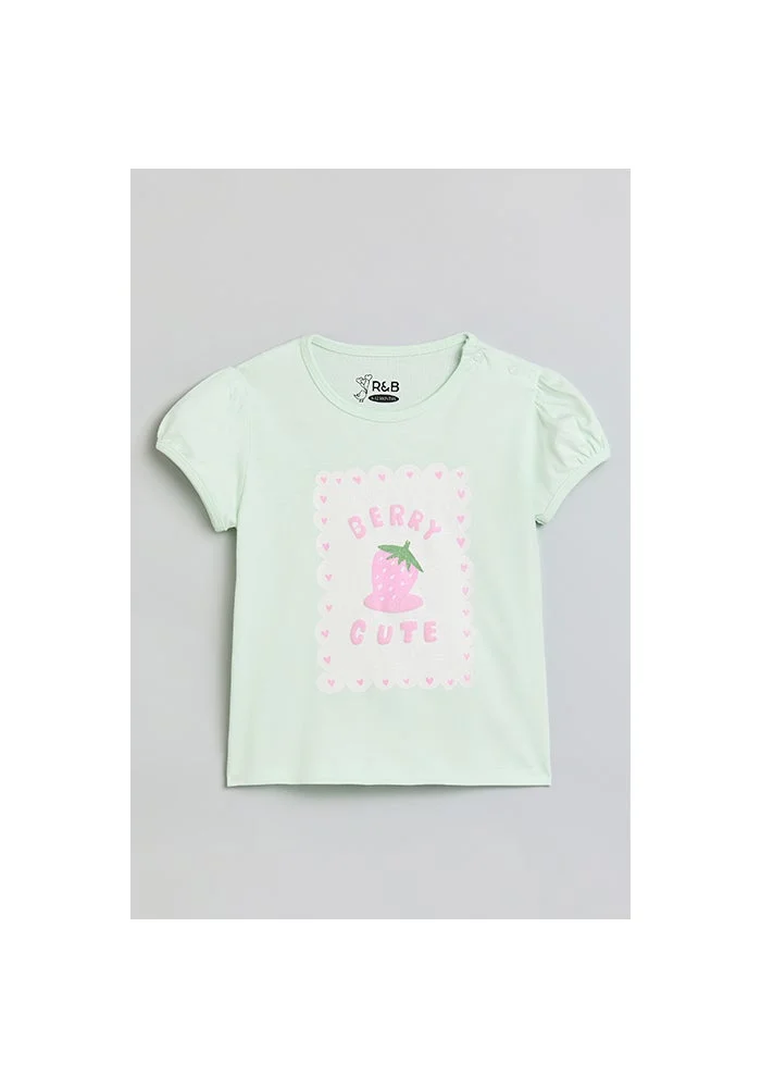 أر أند بي Printed Top with Crew Neck and Puff Sleeves