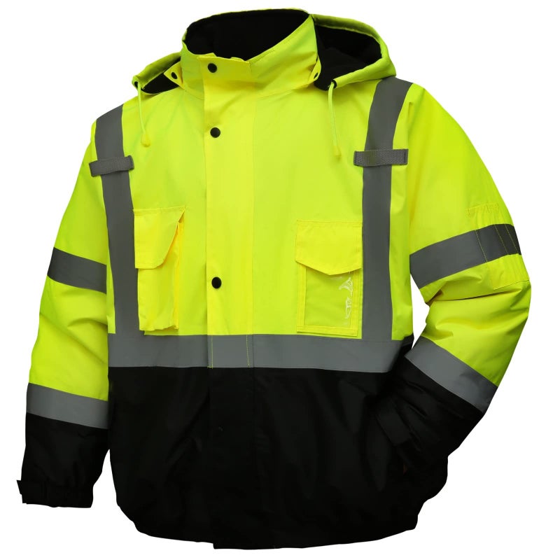 DPSAFETY Safety jacket for menReflective high Visibility Hooded jacketHiVis Bomber Jacket with Pockets and ZipperWaterproofBlack BottomANSIISEA 1072020 Type R Class 3Lime
