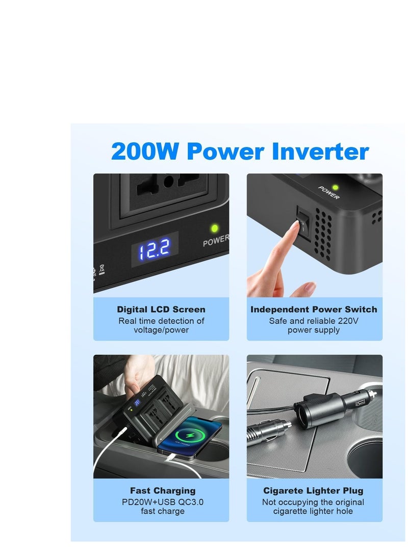 SYOSI - 200W Power Inverter Car Charger Car Inverter 12V to 240V Cigarette Lighter to 3 Pin Plug Dual USB Type C Invert to Charge Laptop, iPad, iPhone, Tablet, Consoles & More - Image 1