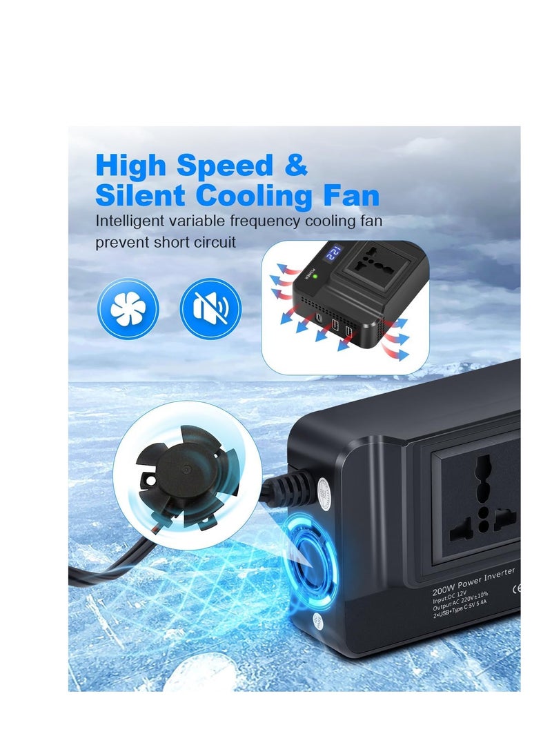 SYOSI - 200W Power Inverter Car Charger Car Inverter 12V to 240V Cigarette Lighter to 3 Pin Plug Dual USB Type C Invert to Charge Laptop, iPad, iPhone, Tablet, Consoles & More - Image 1