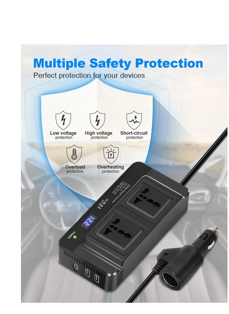 SYOSI - 200W Power Inverter Car Charger Car Inverter 12V to 240V Cigarette Lighter to 3 Pin Plug Dual USB Type C Invert to Charge Laptop, iPad, iPhone, Tablet, Consoles & More - Image 1