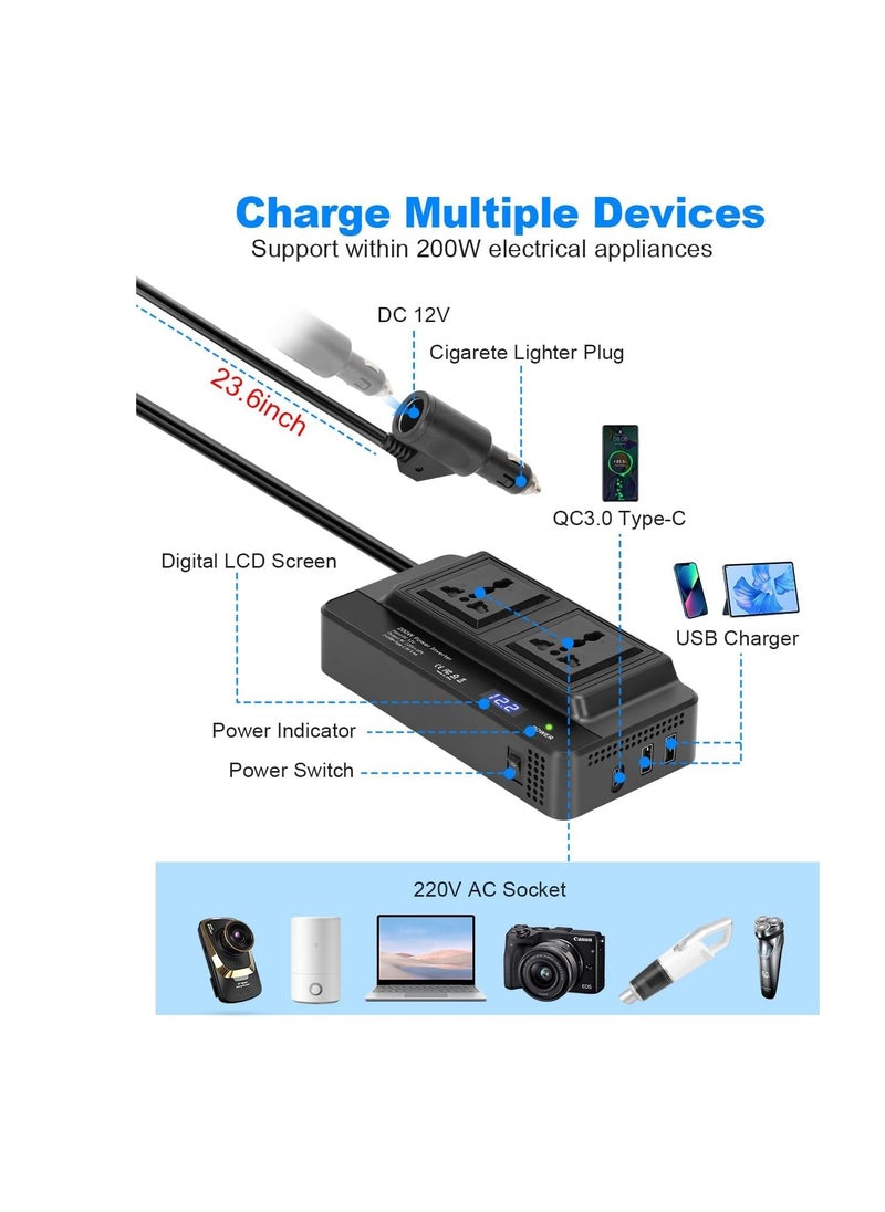 SYOSI - 200W Power Inverter Car Charger Car Inverter 12V to 240V Cigarette Lighter to 3 Pin Plug Dual USB Type C Invert to Charge Laptop, iPad, iPhone, Tablet, Consoles & More - Image 1