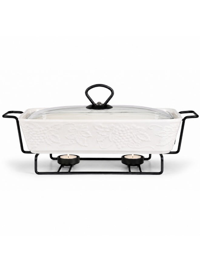 Premium Ceramic Casserole Dish with Glass Lid and Metal Stand 25 x 16 x 6 cm Heat Resistant Oven Safe Bakeware Rectangular Serving Dish for Lasagna Pasta Casseroles Roasting and Baking White - Image 1
