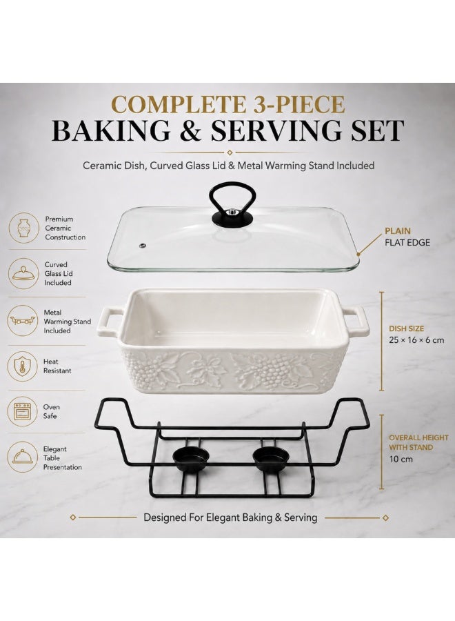 Premium Ceramic Casserole Dish with Glass Lid and Metal Stand 25 x 16 x 6 cm Heat Resistant Oven Safe Bakeware Rectangular Serving Dish for Lasagna Pasta Casseroles Roasting and Baking White - Image 2