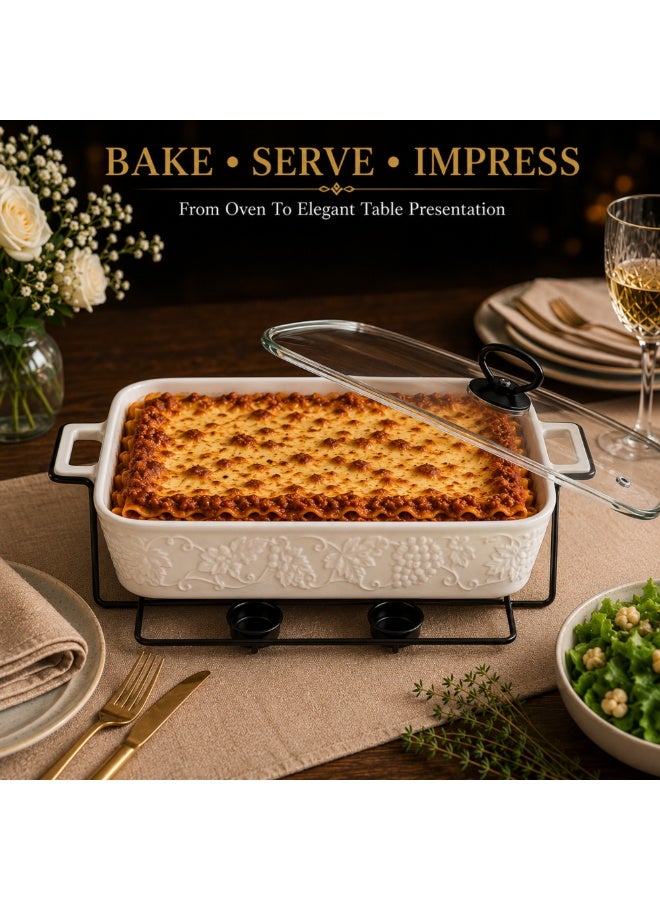 Premium Ceramic Casserole Dish with Glass Lid and Metal Stand 25 x 16 x 6 cm Heat Resistant Oven Safe Bakeware Rectangular Serving Dish for Lasagna Pasta Casseroles Roasting and Baking White - Image 3