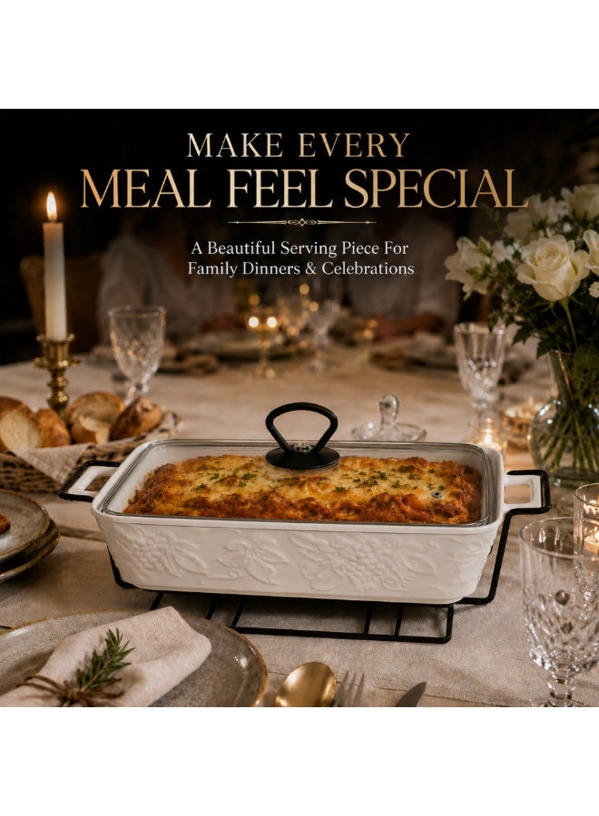 Premium Ceramic Casserole Dish with Glass Lid and Metal Stand 25 x 16 x 6 cm Heat Resistant Oven Safe Bakeware Rectangular Serving Dish for Lasagna Pasta Casseroles Roasting and Baking White - Image 5