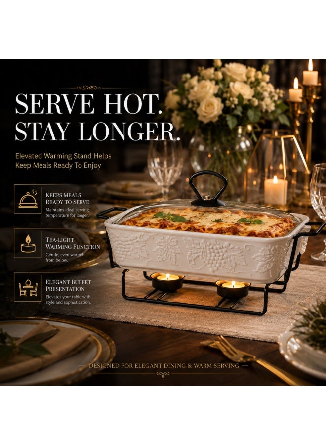 Premium Ceramic Casserole Dish with Glass Lid and Metal Stand 25 x 16 x 6 cm Heat Resistant Oven Safe Bakeware Rectangular Serving Dish for Lasagna Pasta Casseroles Roasting and Baking White - Image 4
