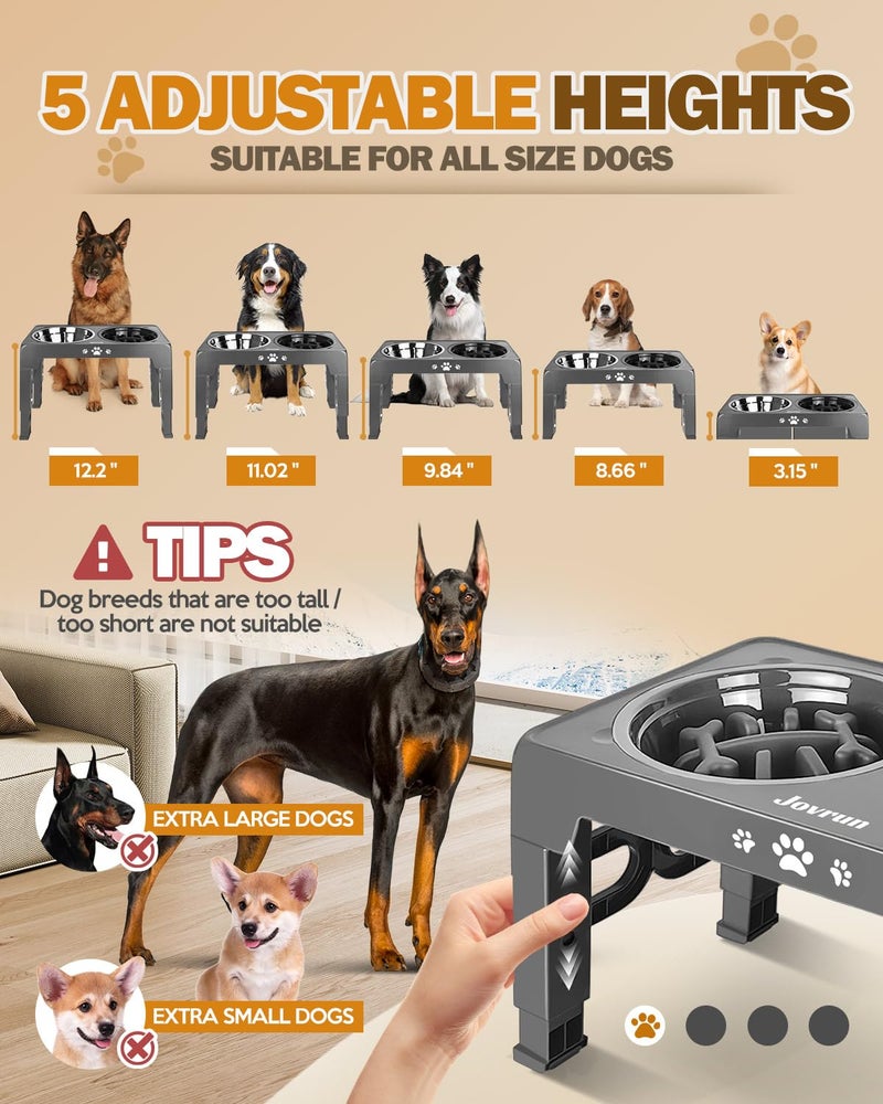 Jovrun Elevated Dog Bowls for Medium Size Dogs, Non-Slip Dog Feeder with 1*Stainless Steel Dishes & 1*Slow Feeder Bowl, 5 Heights Adjustable Raised Bowls to 3.15â€³-8.66â€³-9.84â€³-11.02â€³-12.2â€³ - Image 2