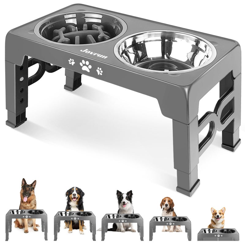 Jovrun Elevated Dog Bowls for Medium Size Dogs, Non-Slip Dog Feeder with 1*Stainless Steel Dishes & 1*Slow Feeder Bowl, 5 Heights Adjustable Raised Bowls to 3.15â€³-8.66â€³-9.84â€³-11.02â€³-12.2â€³ - Image 1