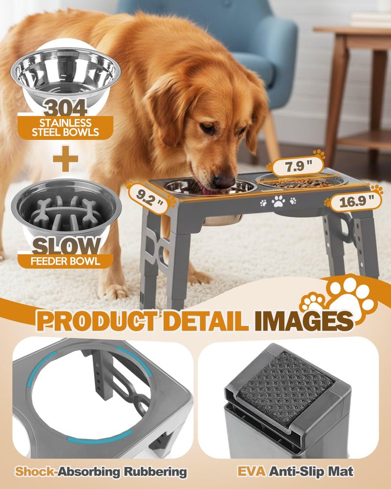 Jovrun Elevated Dog Bowls for Medium Size Dogs, Non-Slip Dog Feeder with 1*Stainless Steel Dishes & 1*Slow Feeder Bowl, 5 Heights Adjustable Raised Bowls to 3.15â€³-8.66â€³-9.84â€³-11.02â€³-12.2â€³ - Image 4