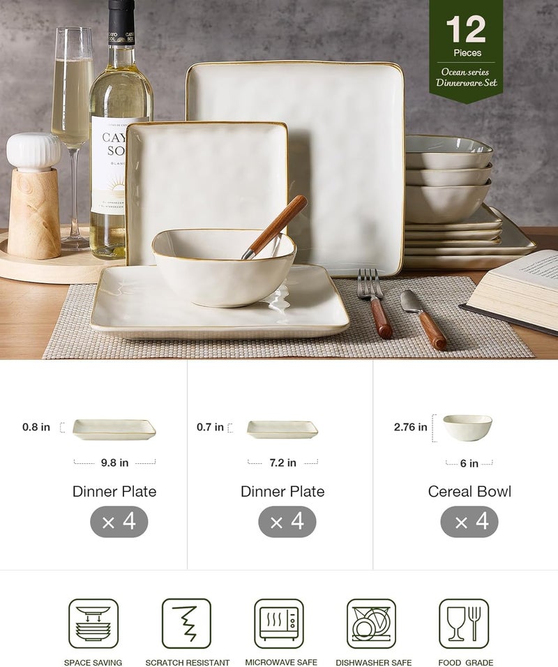 Famiware Ocean Square 12-Piece Dinnerware Set for 4 - Microwave and Dishwasher Safe, Vanilla White - Image 2