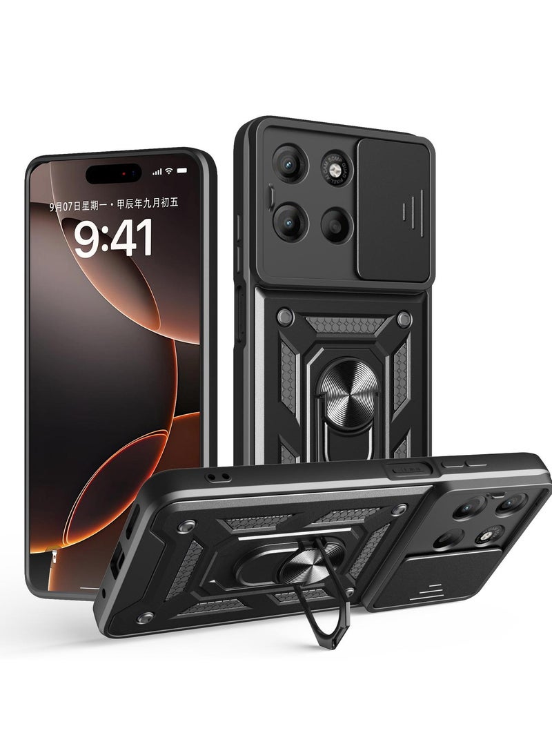 Case Cover Shockproof Protective Case with Camera Protection and Metal Ring Compatible with  Moto G75 (Black) - Image 1