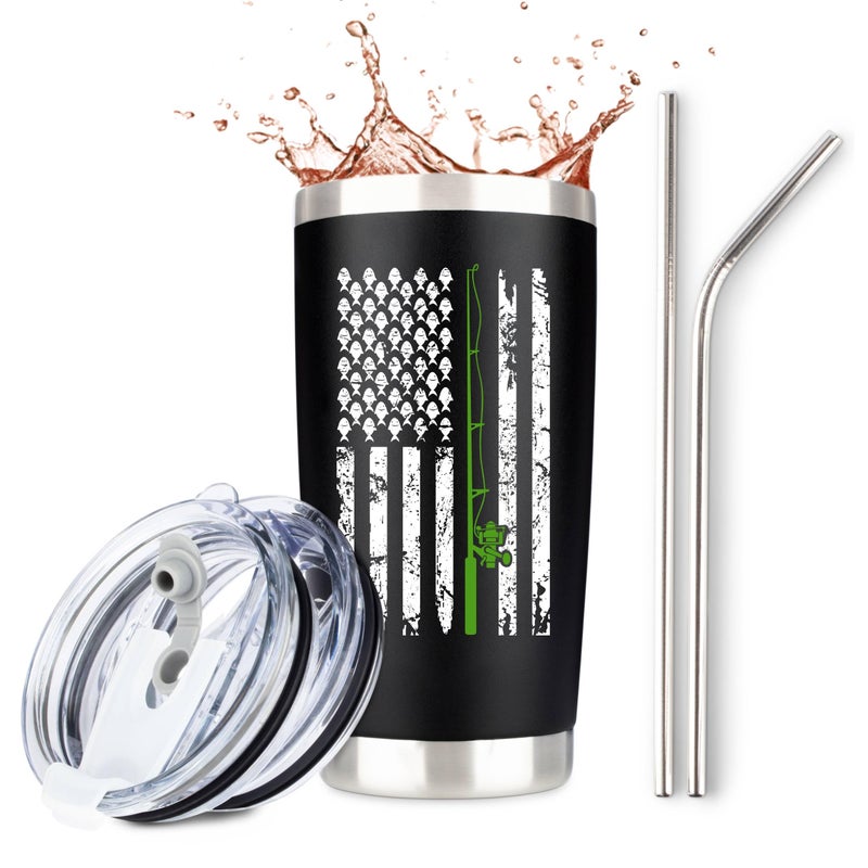 JENVIO Fishing for Men  Stainless Steel Travel TumblerMug with 2 Lids and 2 Straws for Coffee or Cold Drinks  Funny Fly Fisherman Decor Themed Stuff Valentines Day Gift 20 Ounce