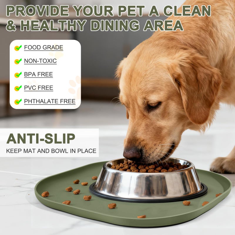 SMILOOL Small Silicone Pet Food Mat with Raised Edge for Food and Water Bowl, Square Dog Feeding Mats, Cat Food Trays for Floor Waterproof, Rubber Tray for Dogs and Cats, 12 x 12 x 0.7 Light Olive Green - Image 3