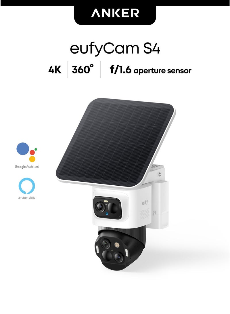 eufy Security eufyCam S4, Solar Security Camera Wireless Outdoor, Triple-Lens Bullet-PTZ Cam, 4K UHD, 360° Pan and Tilt, Auto Track, 8× Hybrid Zoom, Colour Night Vision, Compatible with HomeBase S380 - Image 1