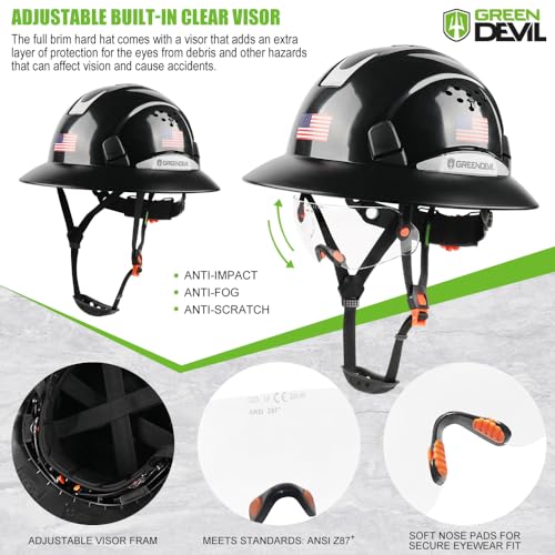 GREEN DEVIL Full Brim Hard Hat with Built-in Visor Vented Construction Safety Helmet OSHA Approved Cascos De Construccion Work Hardhats Helmets with Cooling Towel for Men&Women Adjustable Ratchet Suspension - Image 3