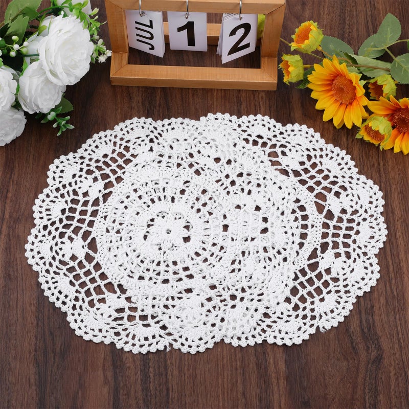 Zyghjort Doilies for Tables, 2 Pcs 11.8 Inch Round Cotton Crochet Doilies Handmade Lace Placemats Knitted Tablecloth for Home Kitchen Dining Room Wedding Party Decoration (White) - Image 1