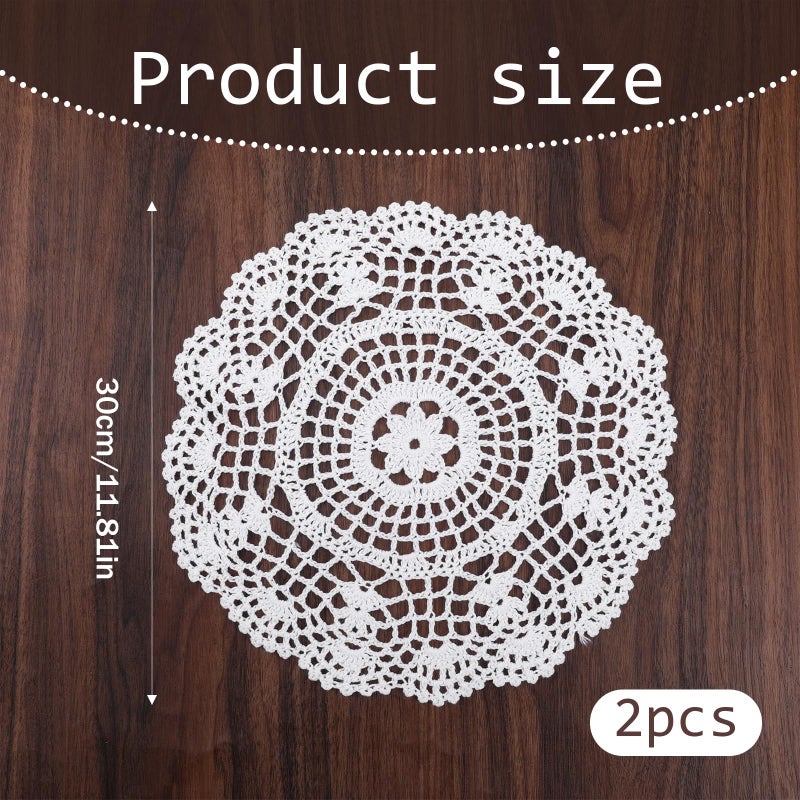 Zyghjort Doilies for Tables, 2 Pcs 11.8 Inch Round Cotton Crochet Doilies Handmade Lace Placemats Knitted Tablecloth for Home Kitchen Dining Room Wedding Party Decoration (White) - Image 2