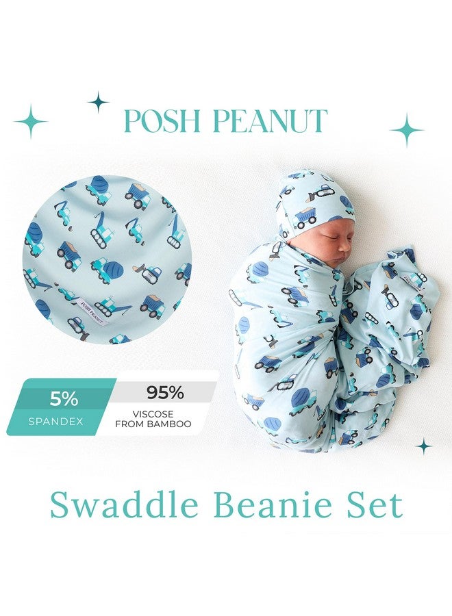 Posh Peanut Baby Swaddle Blanket & Beanie - Matching Newborn Swaddle Set, Doubles As Receiving Blanket or Nursing Cover (Construction Cars) - Image 2