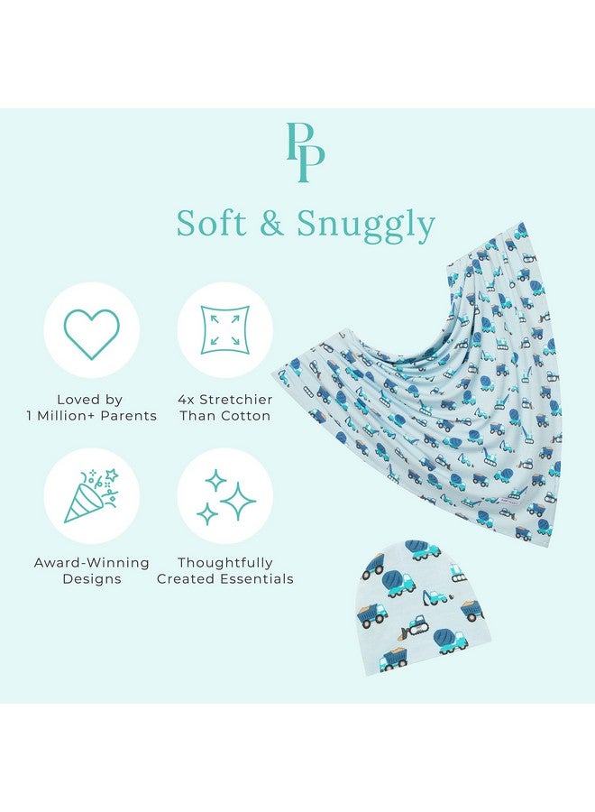 Posh Peanut Baby Swaddle Blanket & Beanie - Matching Newborn Swaddle Set, Doubles As Receiving Blanket or Nursing Cover (Construction Cars) - Image 3