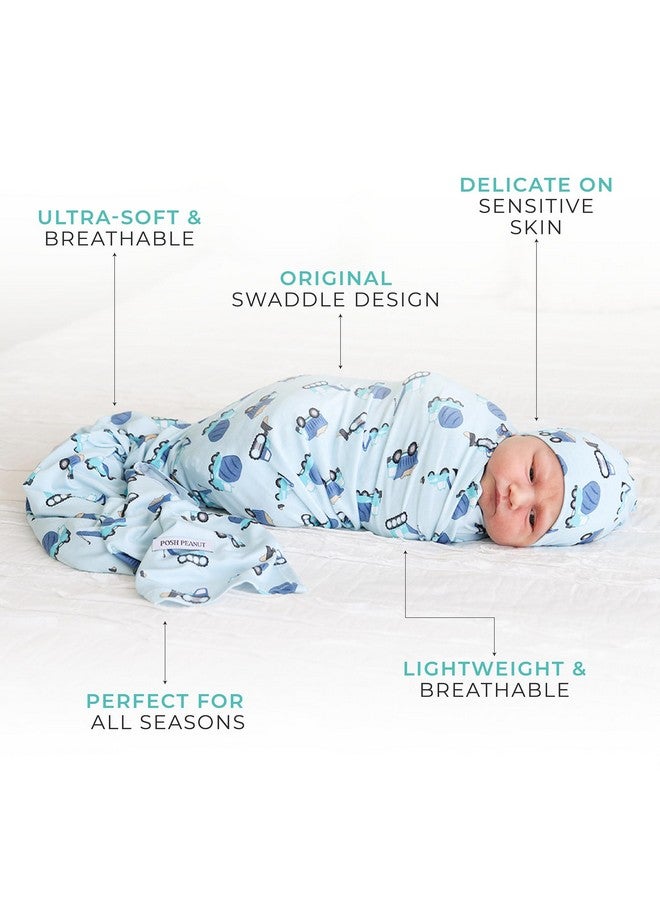 Posh Peanut Baby Swaddle Blanket & Beanie - Matching Newborn Swaddle Set, Doubles As Receiving Blanket or Nursing Cover (Construction Cars) - Image 4