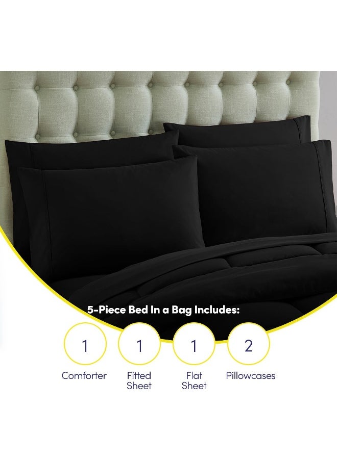 Sweet Home Collection - Sweet Home Collection 5 Piece Comforter Set Bag Solid Color All Season Soft Down Alternative Blanket & Luxurious Microfiber Bed Sheets, Black, Twin - Image 1