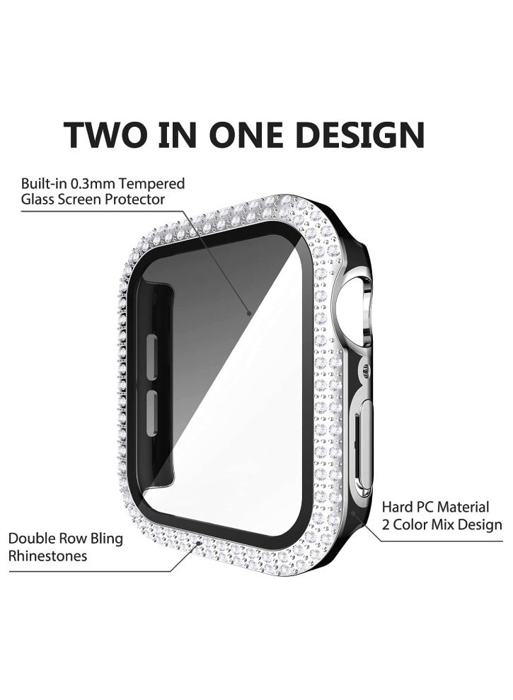 CAVIAR Smartwatch Luxury Anti Shock Screen Protector Cover Case Sensitive Touch Tempered Glass Full Screen Protector With Two Tone Color Double Row Glitter Crystal Diamonds Apple Watch SE 44mm Silver / Black - Image 2