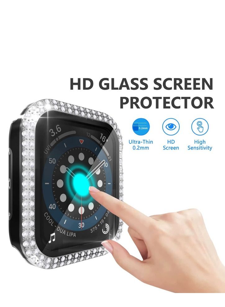 CAVIAR Smartwatch Luxury Anti Shock Screen Protector Cover Case Sensitive Touch Tempered Glass Full Screen Protector With Two Tone Color Double Row Glitter Crystal Diamonds Apple Watch SE 44mm Silver / Black - Image 4