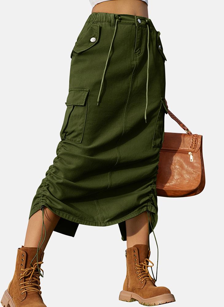 YUNIQEE Green Mid Rise Plain Midi Skirt - Image 1