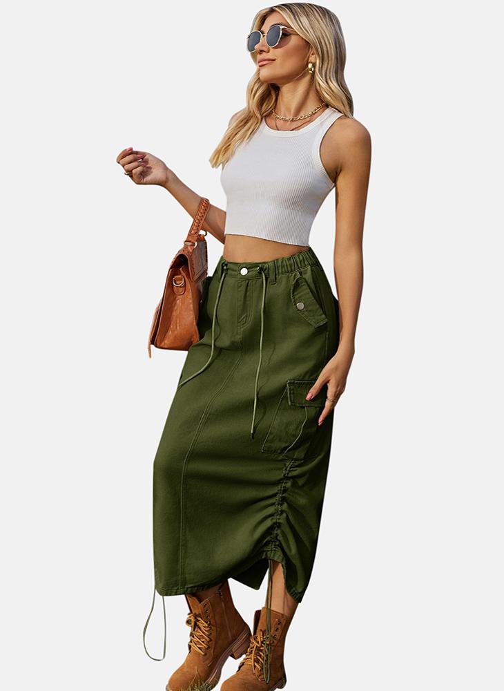 YUNIQEE Green Mid Rise Plain Midi Skirt - Image 4