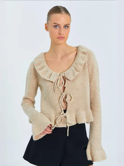 MixRay Mixray Frilly Tie Closure Ribbed Knit Cardigan