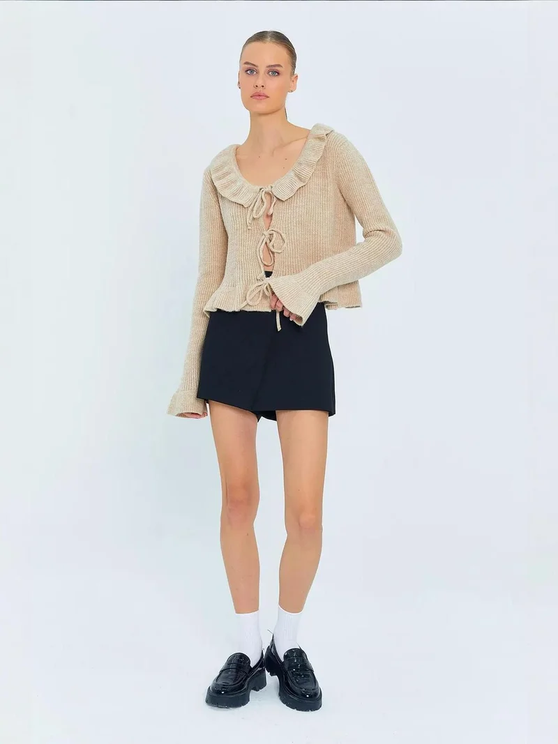 MixRay Mixray Frilly Tie Closure Ribbed Knit Cardigan