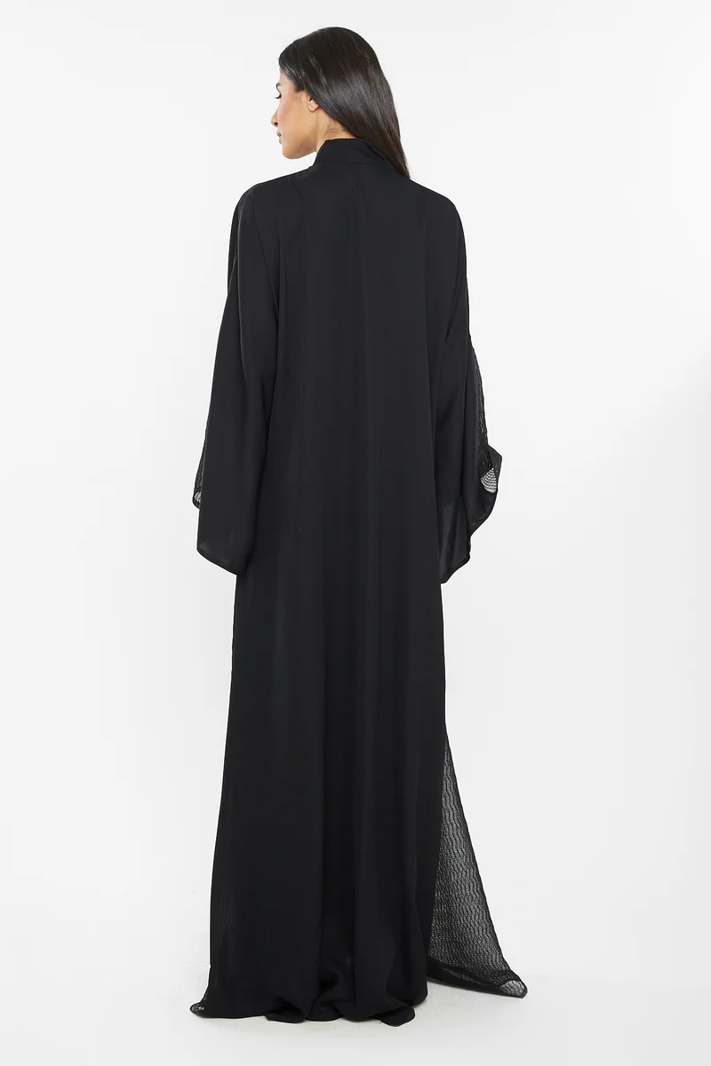 NUKHBAA A casual abaya with black net detailing by the side slits and sleeves-AJ125A