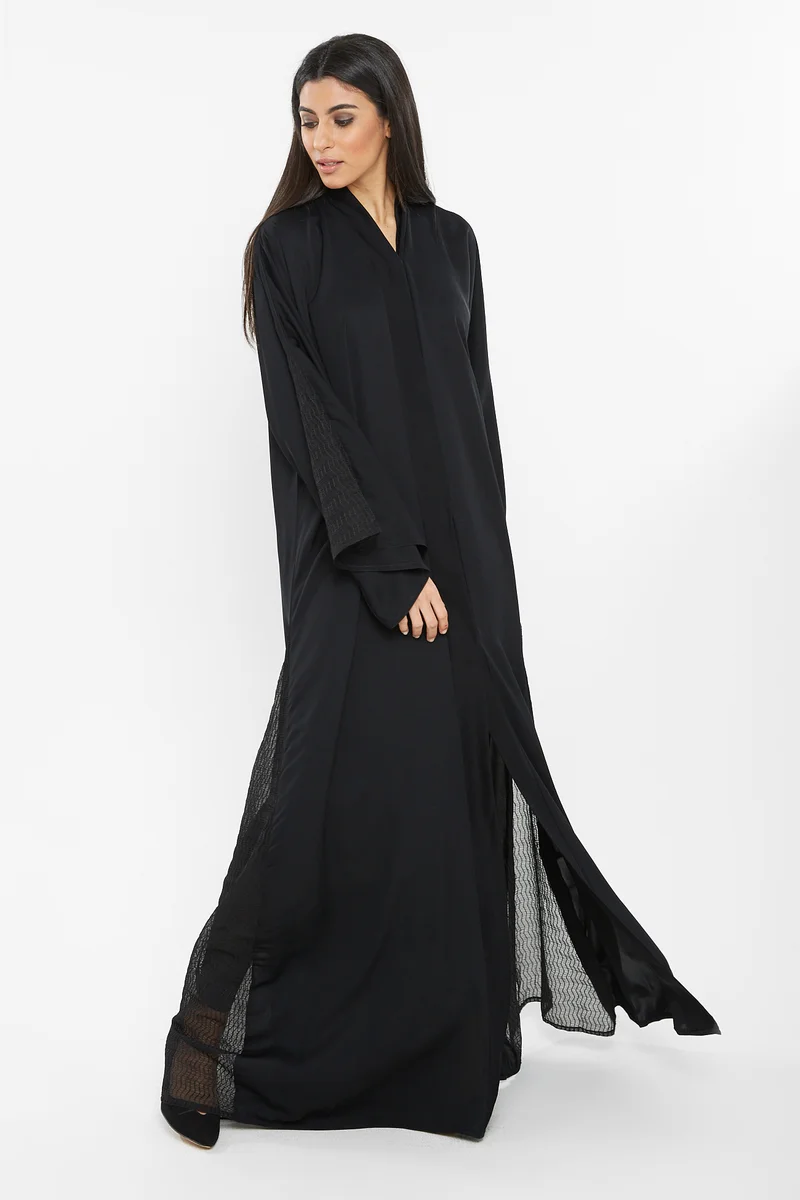 النخبة A casual abaya with black net detailing by the side slits and sleeves-AJ125A