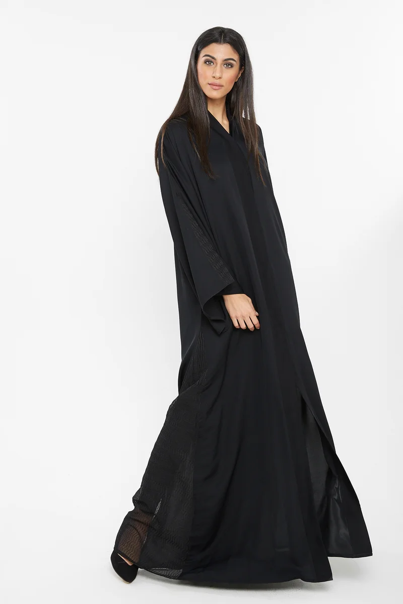 النخبة A casual abaya with black net detailing by the side slits and sleeves-AJ125A