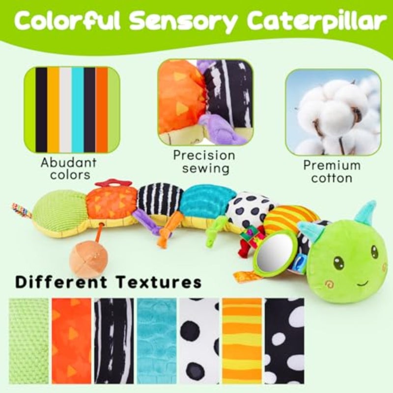 Baby Sensory Toys 0-6 Months Music Animal Stuffed Plush Caterpillar Toy for Infant 0-3-6-12 Month Old Tummy Time with Mirror Crinkle Rattle Toys for Newborn Boys Girls Shower Birthday Gifts - Image 4