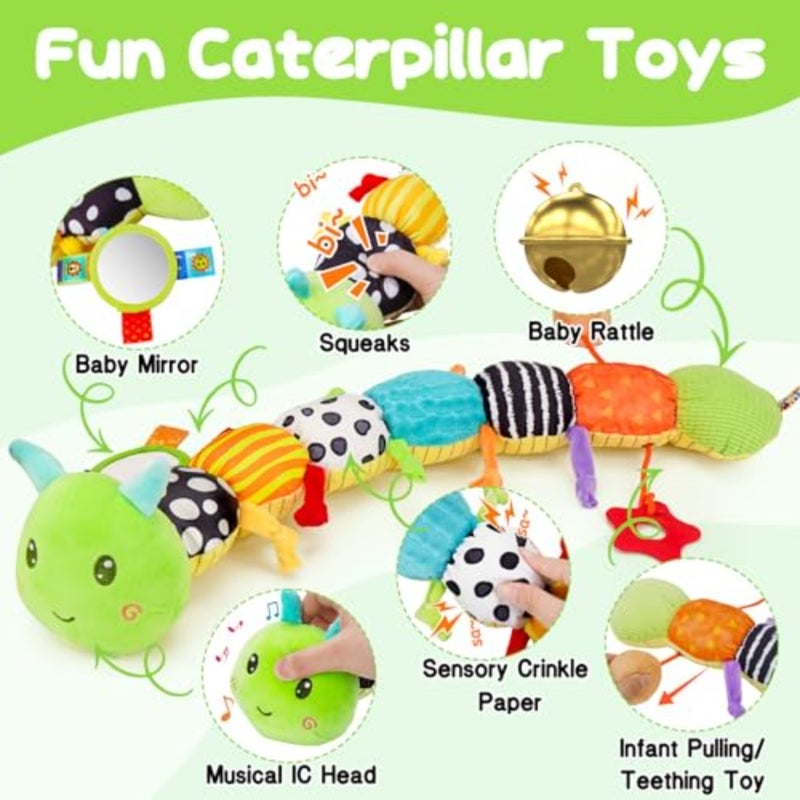 Baby Sensory Toys 0-6 Months Music Animal Stuffed Plush Caterpillar Toy for Infant 0-3-6-12 Month Old Tummy Time with Mirror Crinkle Rattle Toys for Newborn Boys Girls Shower Birthday Gifts - Image 2