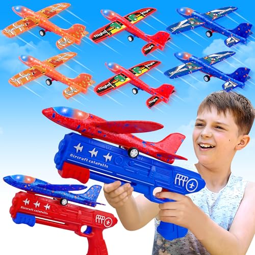 LJZJ 6 Pack Airplane Launcher Toys 2 Flight Modes LED Foam Glider Catapult Plane Outdoor Flying Toy for Kids Birthday Gifts for Boy Girl 4 5 6 7 8 9 10 11 12 Year Old BDay Party Supplies - Image 1