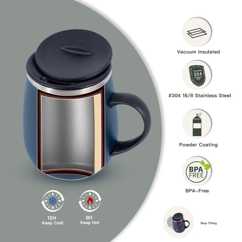 Ideus 16 oz Insulated Coffee Mug with Handle and Lid, Double Wall Stainless Steel Vacuum Thermal Coffee Mug, Travel Coffee Cup Thermal Cup for Home and Office, Navy Blue - Image 2