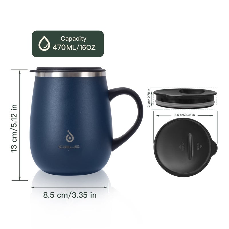 Ideus 16 oz Insulated Coffee Mug with Handle and Lid, Double Wall Stainless Steel Vacuum Thermal Coffee Mug, Travel Coffee Cup Thermal Cup for Home and Office, Navy Blue - Image 3